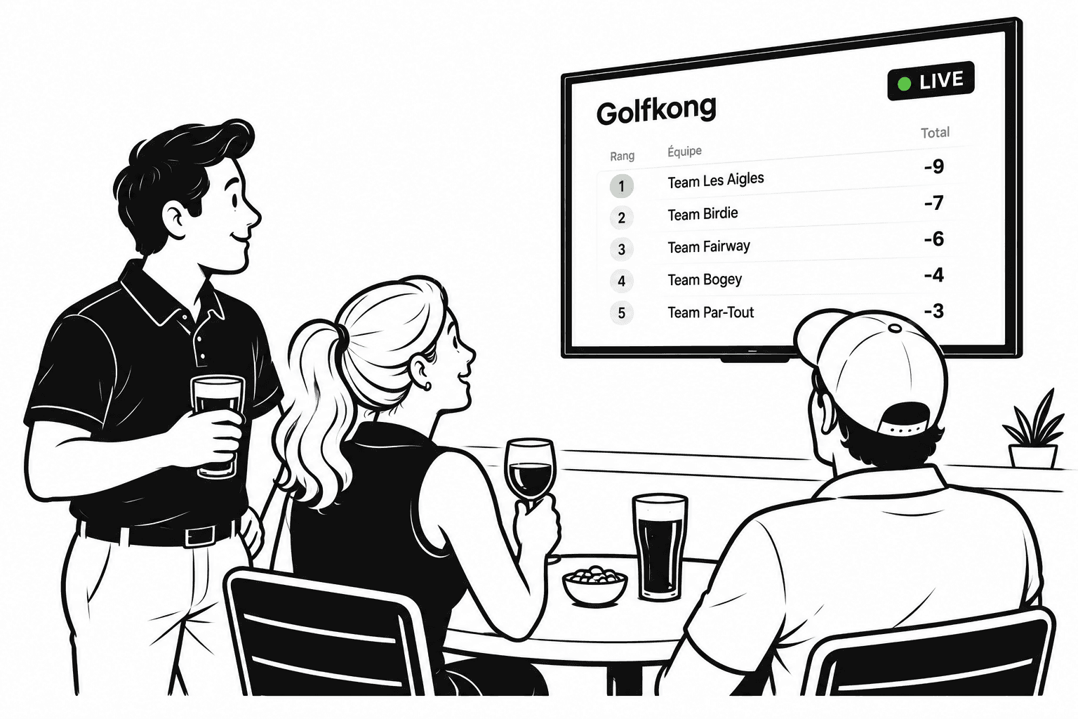Personnes suivant un classement GolfKong en direct sur un téléviseur au club